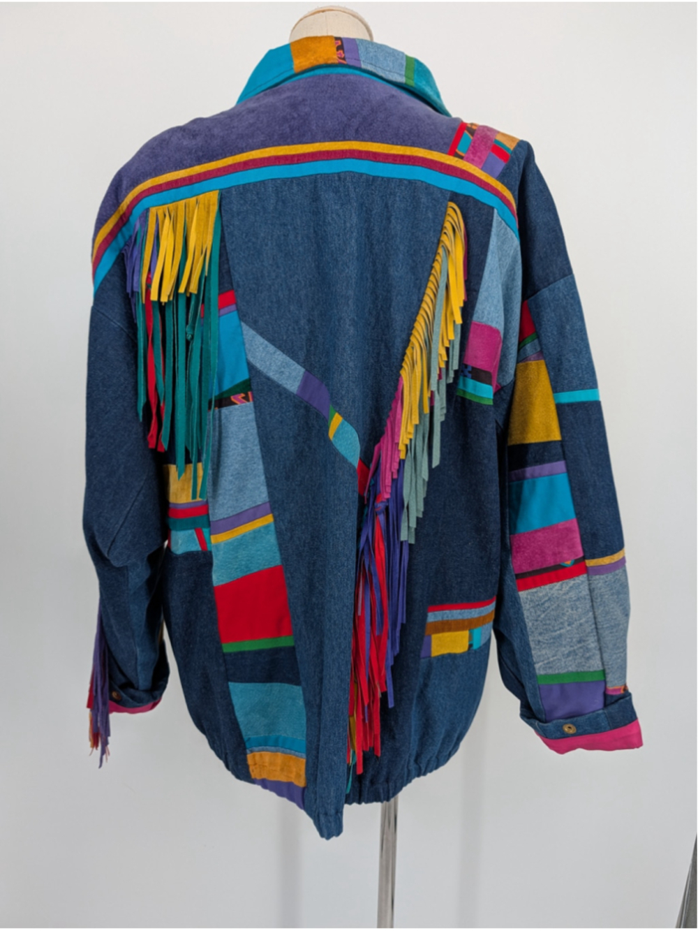 Vtg 90s Santa Fe Re-Creations L Mixed-Media Denim Suede Fringe Patchwork Jacket - Picture 2 of 16